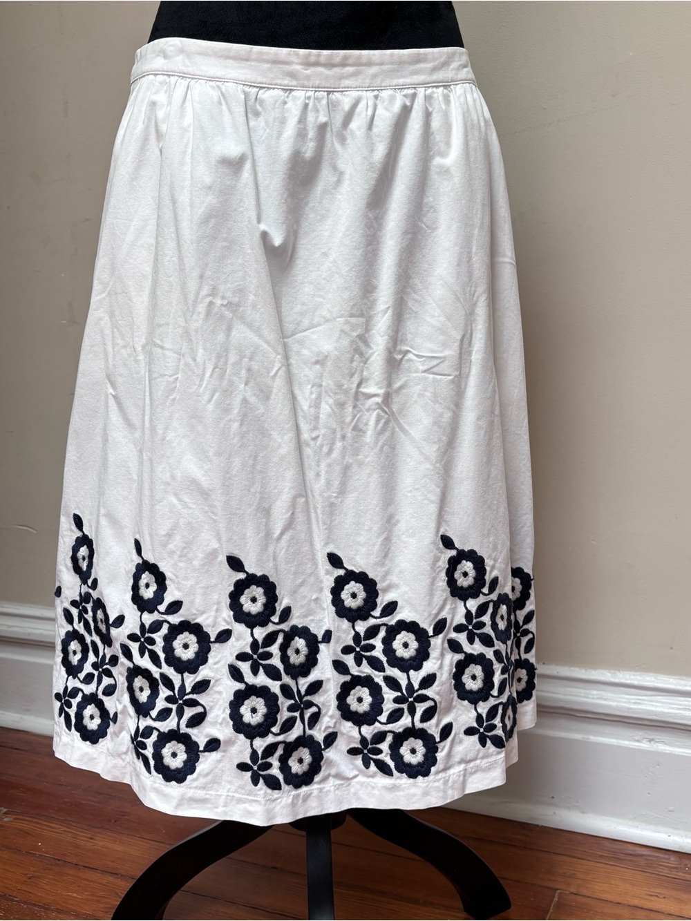 Classic White Midi Skirt with Navy Floral Embroidery